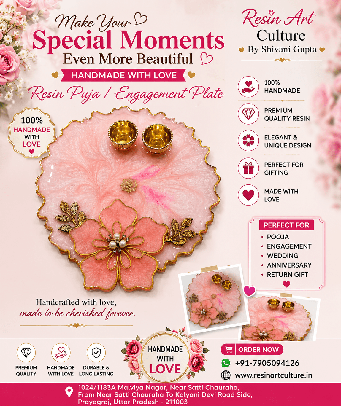 Handmade Pink Resin Pooja Thali with Floral Design Premium Engagement Plate